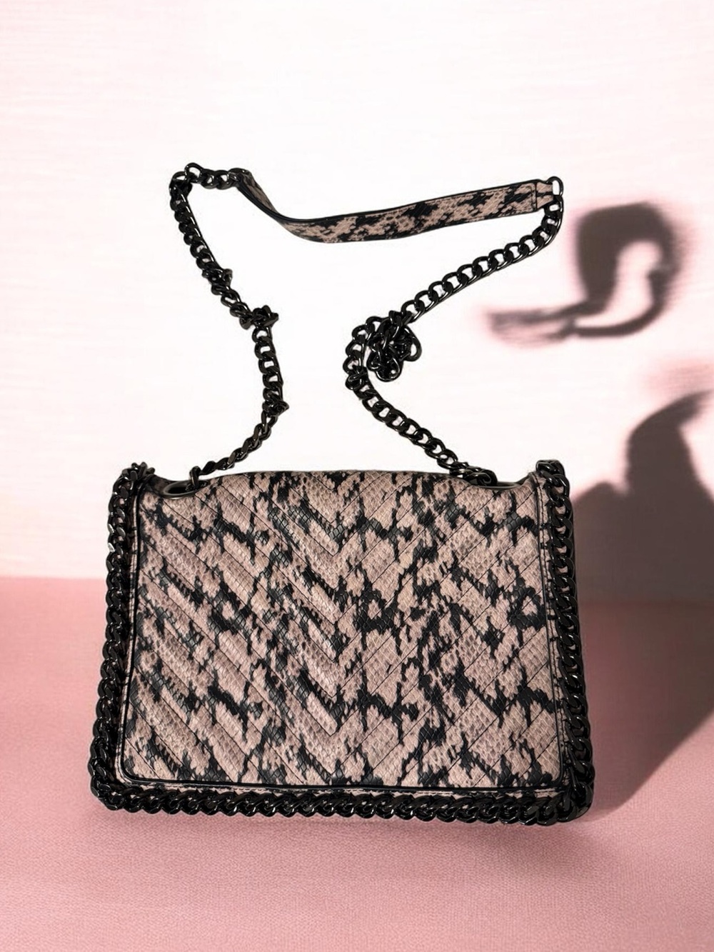 Aldo Pink Snake-Print Chain Crossbody Bag